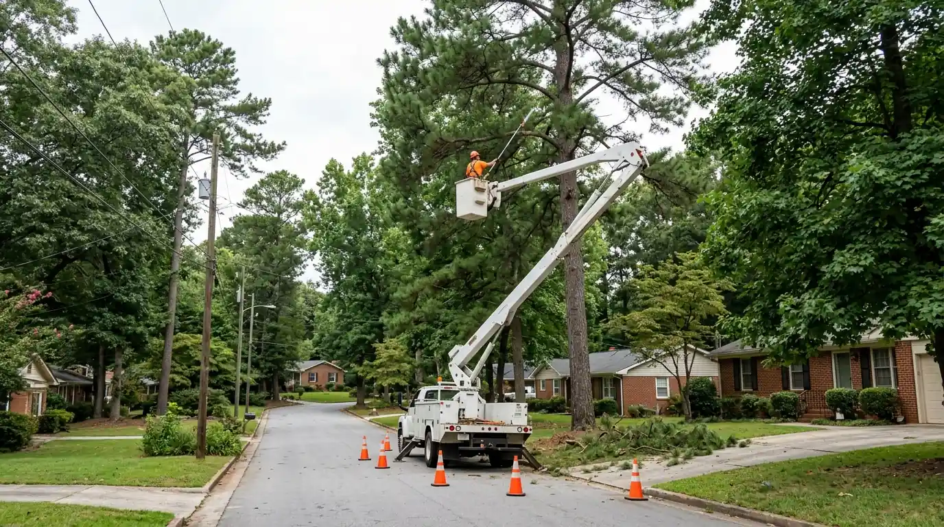 Arborist trimming a pine from a lift near utility wires