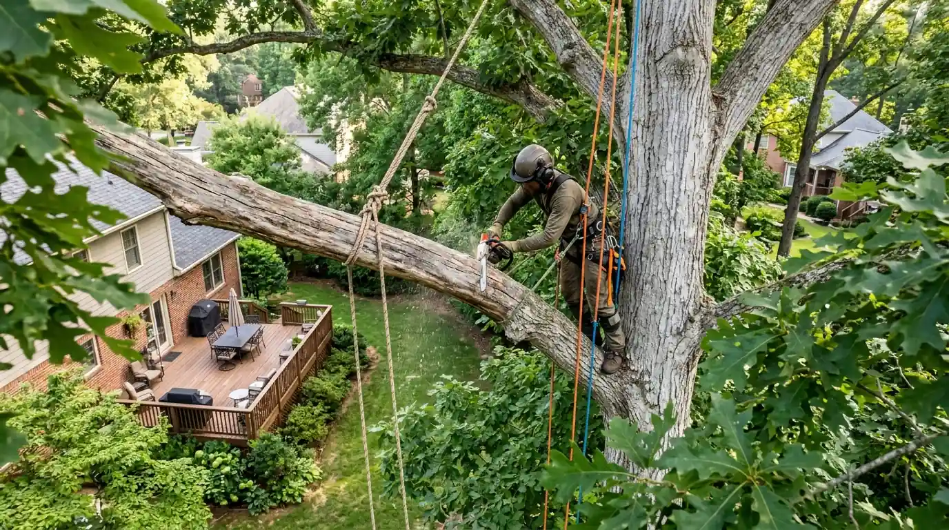 Climber cutting a barkless dead limb from an oak