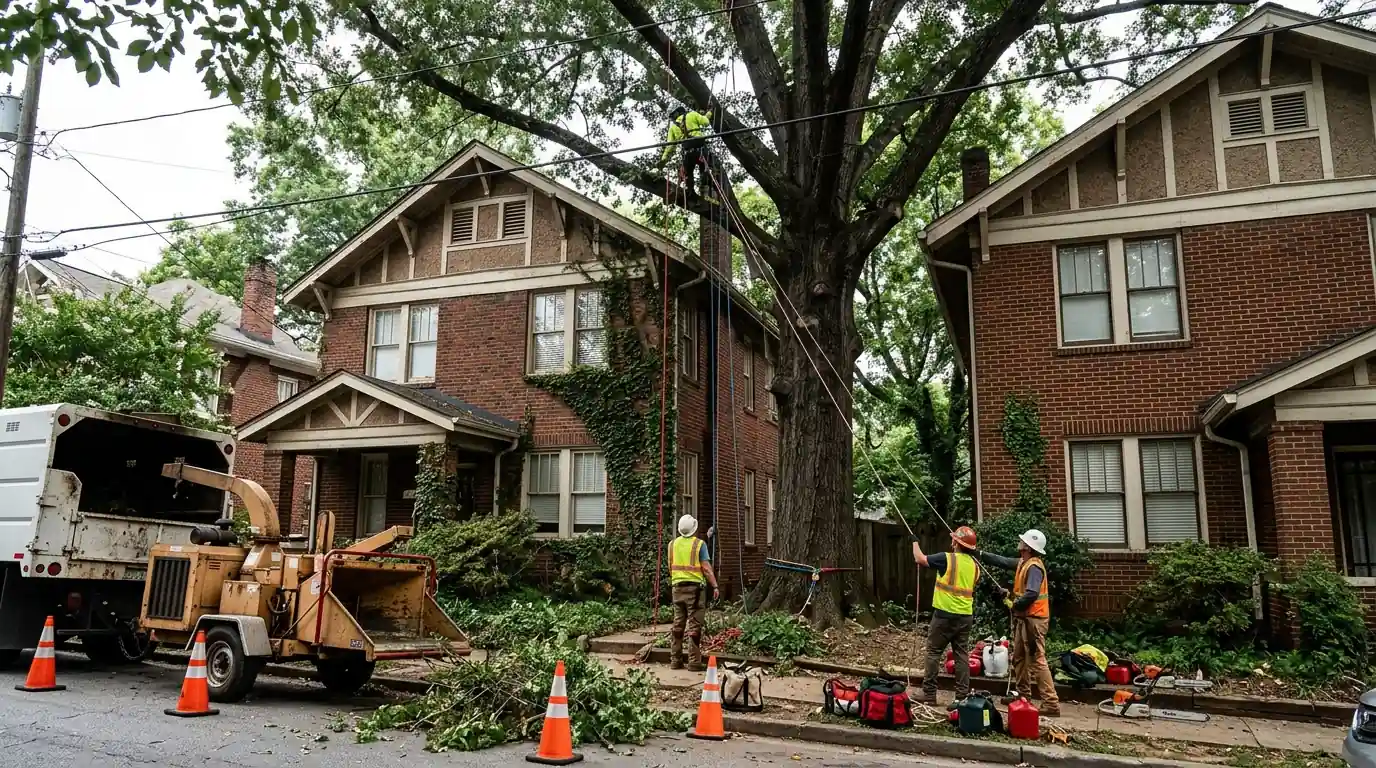 Crew rigging a large oak between two closely spaced houses
