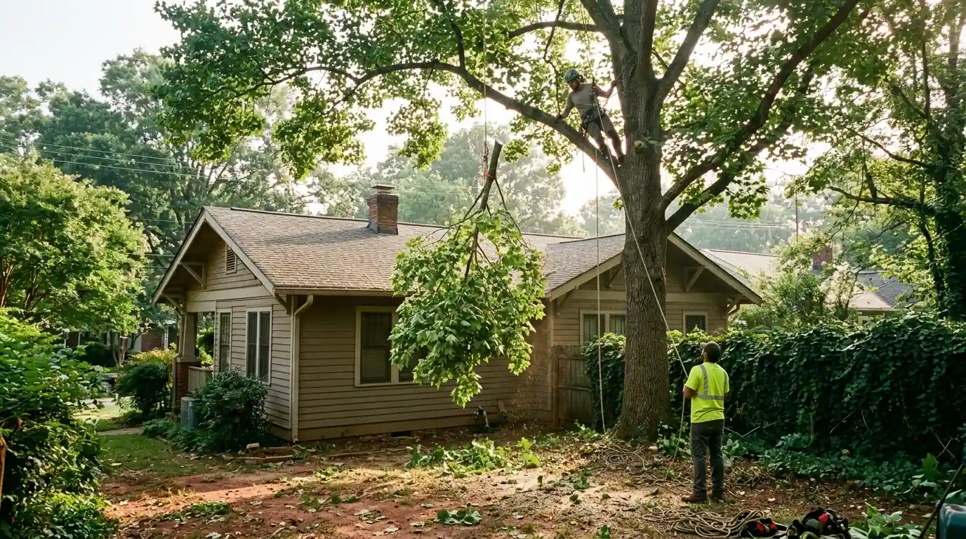 Climber lowering a poplar limb over a craftsman bungalow roof