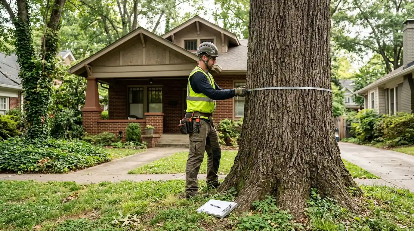 Arborist measuring an oak trunk diameter with a tape