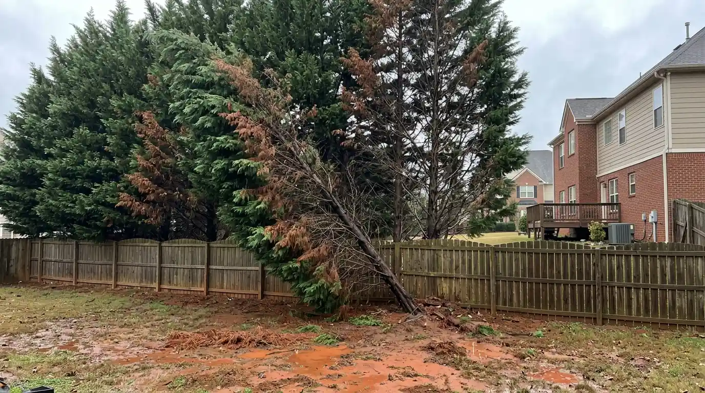 Leyland cypress screen with brown sections and one leaning tree