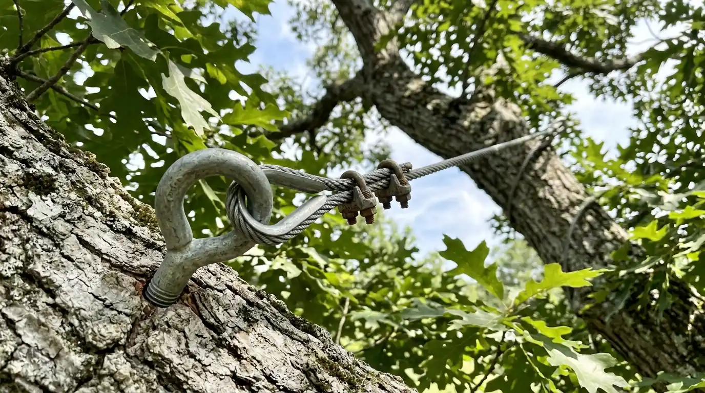 Steel cable anchored between two oak leaders high in the crown