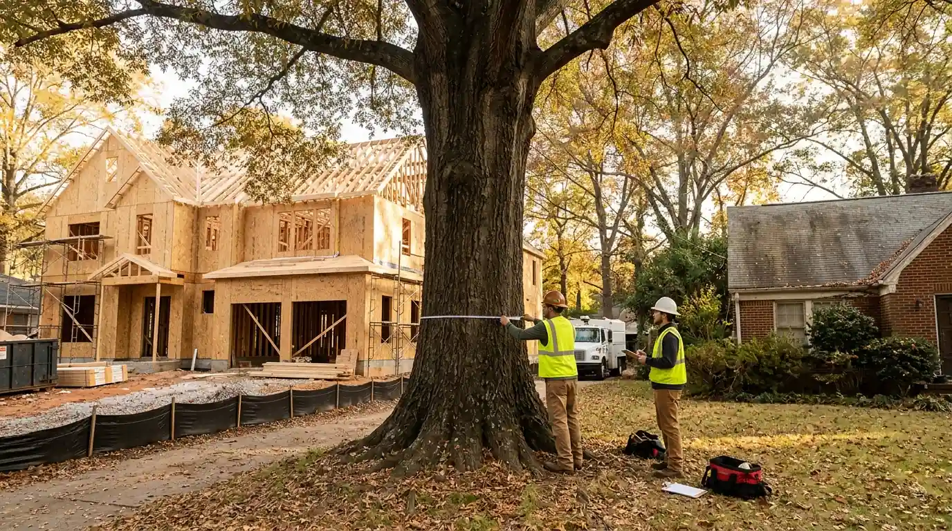Crew measuring a willow oak trunk next to new construction