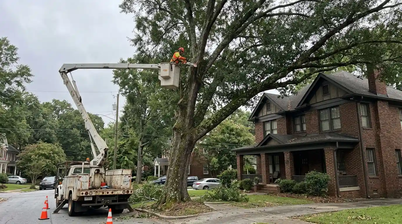Arborist in a bucket lift cutting a cracked leaning oak
